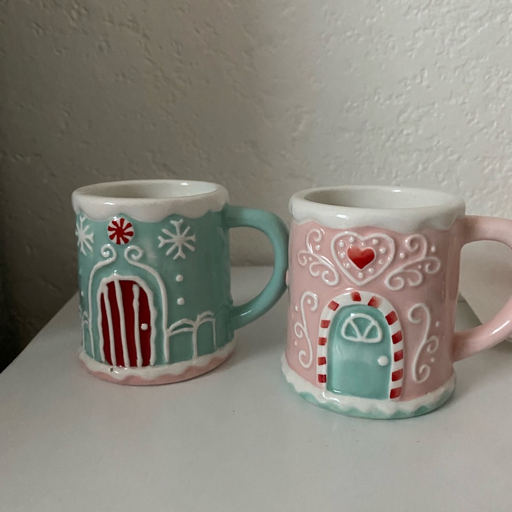 Pastel Ceramic Christmas Espresso Mini Mug Set - Pink and Green